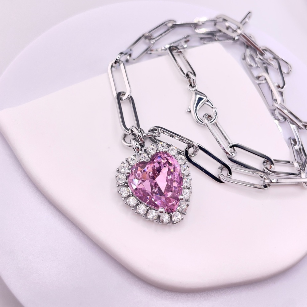 Rose Quartz Heart And Clear Crystals Silver Necklace
